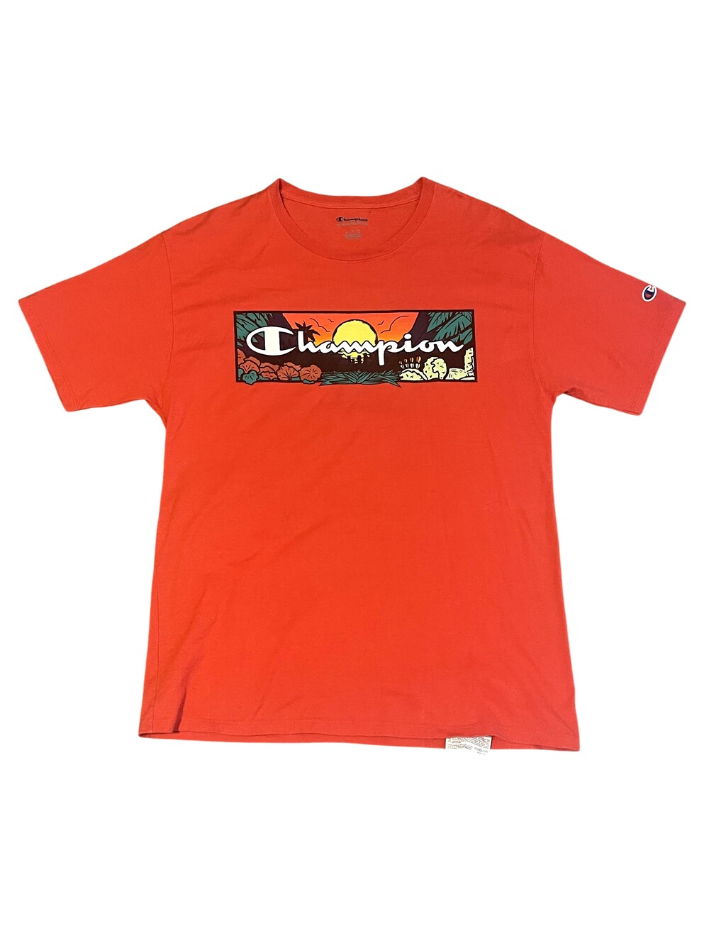 Champion Shirt Mens Large Orange Tropical Sunset Beach Graphic Tee Tagless